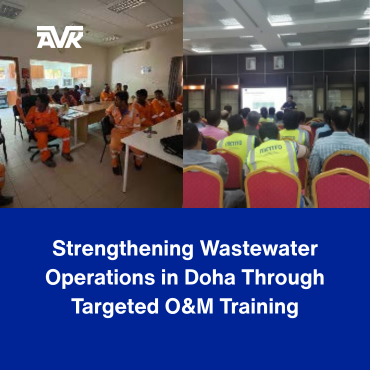 O&M engineers and operators attending a technical training session in Doha on penstock operation and maintenance, discussing wastewater treatment equipment and on-site challenges.